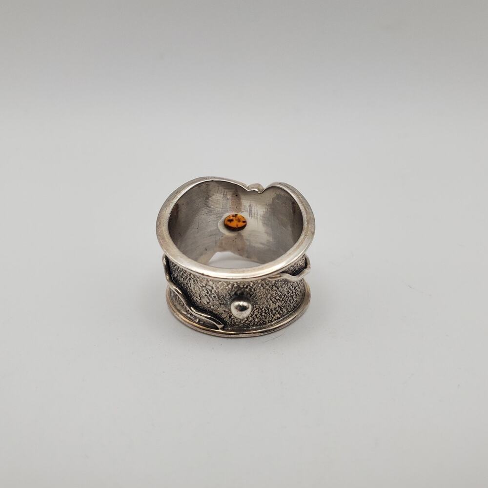Sterling Silver 925 Artisan Boho Baltic Amber Wide Band Ring Size 6 - Picture 4 of 11